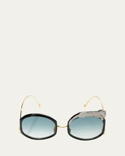 Anna-karin Karlsson Rose Et Le Reve Leopard Round Acetate Sunglasses In Blue