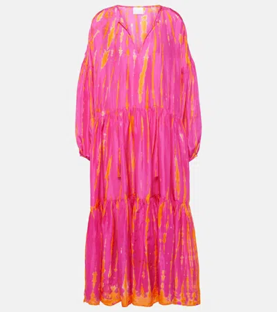Anna Kosturova Amelia Tie-dye Tiered Silk Midi Dress In Pink
