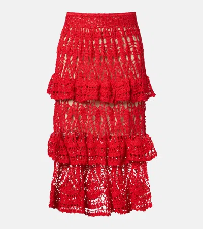 Anna Kosturova Elsie Crochet Ruffled Cotton Midi Skirt In Red