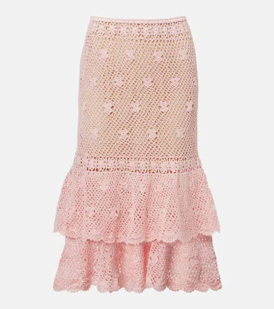 Anna Kosturova Florence Crochet Ruffled Cotton Midi Skirt In Pink