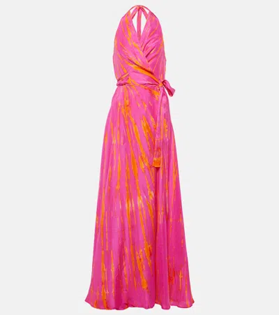 Anna Kosturova Halterneck Silk Satin Wrap Dress In Pink