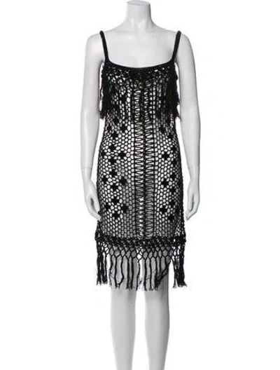 Pre-owned Anna Kosturova Printed Fringe Trim Accent Cover-up W/ Tags In Black