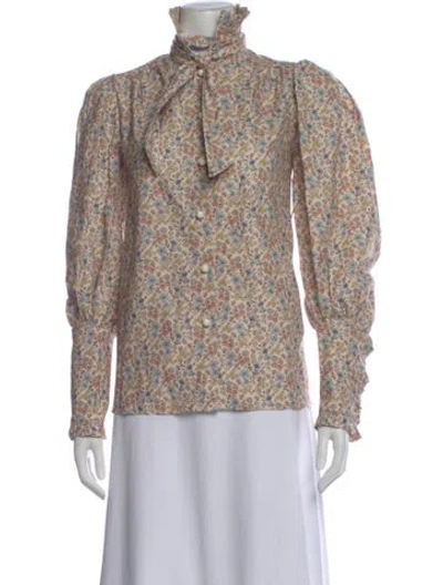 Pre-owned Anna Mason Floral Print Tie Neck Blouse In Neutral