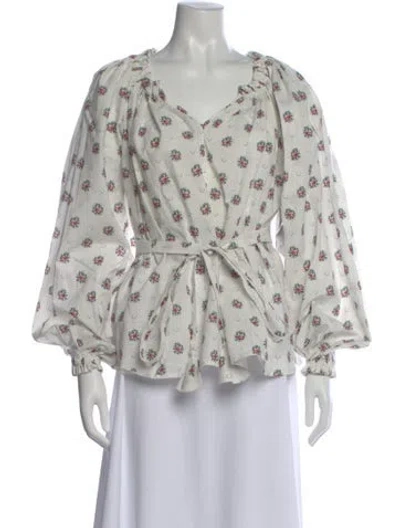 Pre-owned Anna Mason Floral Print V-neck Blouse W/ Tags In White