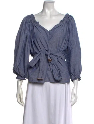 Pre-owned Anna Mason V-neck Three-quarter Sleeve Blouse In Blue