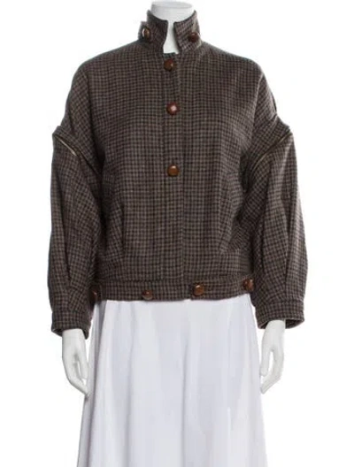 Pre-owned Anna Mason Wool Houndstooth Print Jacket In Brown