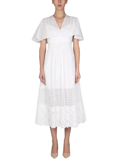 Anna Molinari V-neck Ruched Mini Embroidered Dress In White