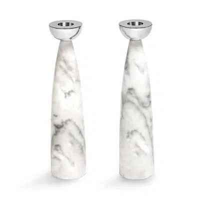 Anna New York Coluna 2 Piece Marble Tabletop Candlestick Set In Carrara Marble,silver