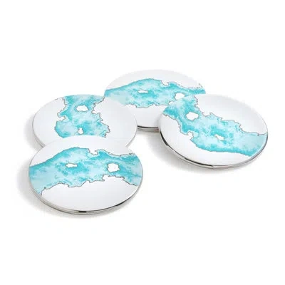 Anna New York Talianna Ceramic Round Coaster In Aqua/silver/white In Aqua,silver,white