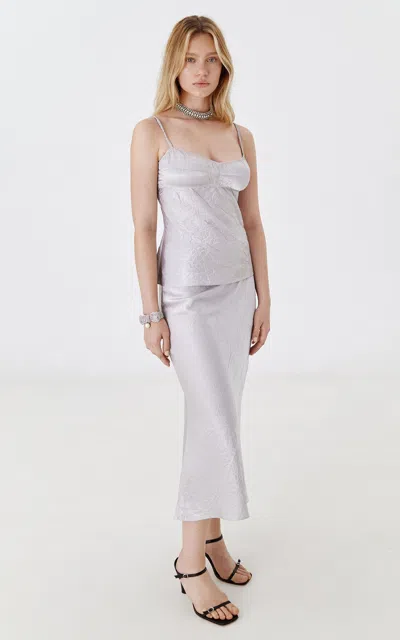 Anna October Champaca Crinkled Satin Midi Skirt In Silver