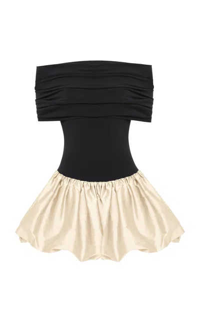 Anna October Jewel Off-the-shoulder Knit-satin Combo Mini Dress In Black,white