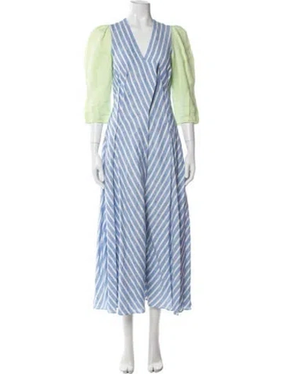 Pre-owned Anna October Linen Long Dress In Blue