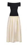 Anna October Lorraine Off-the-shoulder Knit-satin Combo Maxi Dress In Black,white