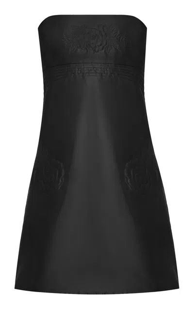 Anna October Mallory Embroidered Satin Mini Dress In Black