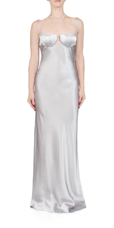 Anna October Tulip Satin Maxi Dress In Silver In Grey