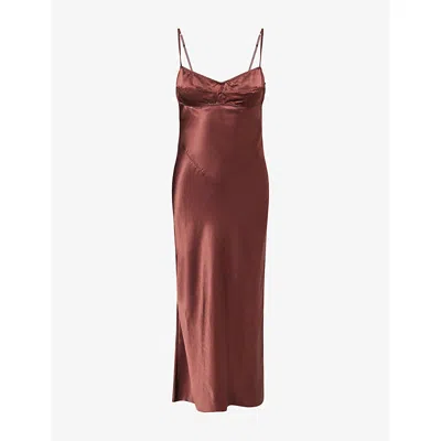 Anna October Womens Brown Waterlily Scoop-back Satin Midi Dress