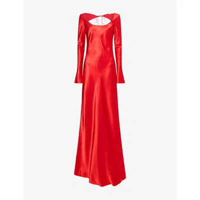Anna October Womens Margit Long Sleeve Satin Maxi Dress Red