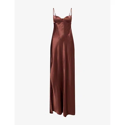 Anna October Womens Norma Sculpted Satin Maxi Dress Brown Xs