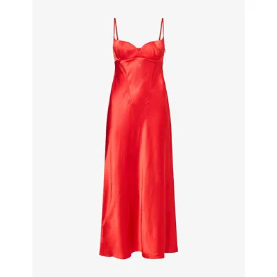 Anna October Womens Sculpted Bodice Satin Midi Dress Red
