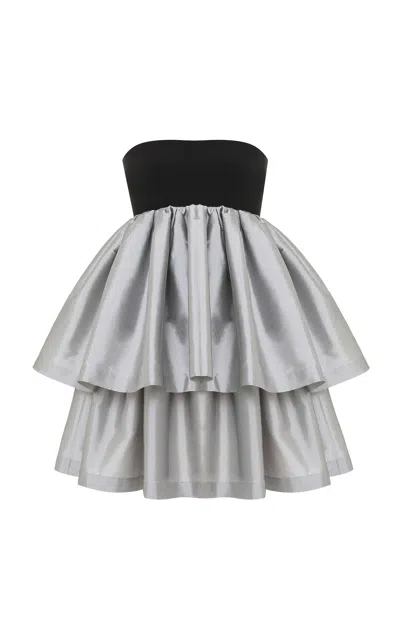 Anna October Yvonne Tiered Knit-satin Combo Mini Dress In Silver