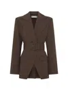 Anna Quan 콜린 벨트 핀스트라이프 블레이저 In Brown