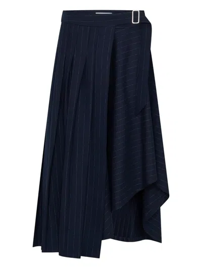 Anna Quan Chalk Stripe Pleated Wrap Midi Skirt In Blue