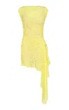 Anna Quan Indi Ruched Lace Mini Dress In Yellow