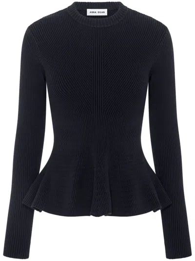 Anna Quan Peplum Hem Ribbed Knit Top In Black