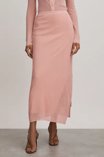 Anna Quan Sheer Ribbed Knitted Midi Skirt In Pink