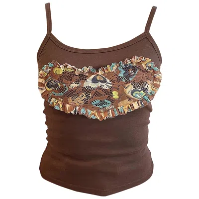 Pre-owned Anna Sui 1990s Vintage  Brown Heart Crochet Lace Spaghetti Strap 90s Tank Top