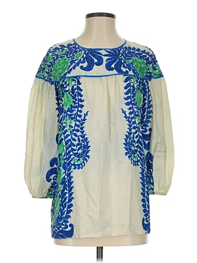 Pre-owned Anna Sui 3/4 Sleeve Silk Top Blue Cold Shoulder Neckline Tops