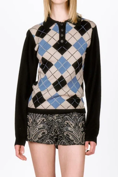 Anna Sui Argyle Knit Polo In Bristol Blue Multi