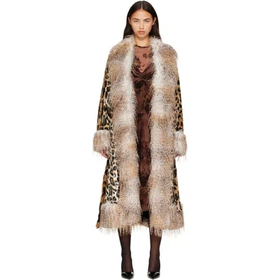 Anna Sui Beige & Brown Belted Faux-fur Coat In Honey Multi