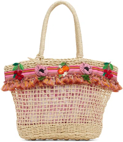Anna Sui Beige & Pink Raffia Tassel Bag