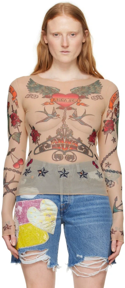 Anna Sui Beige Tattoo Long Sleeve T-shirt In Nude Multi