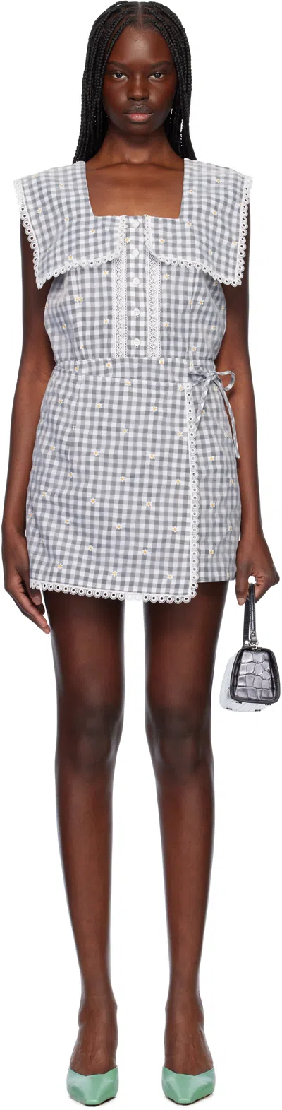 Anna Sui Black & Gray Daisy Embroidery On Gingham Tie Romper In Black Multi