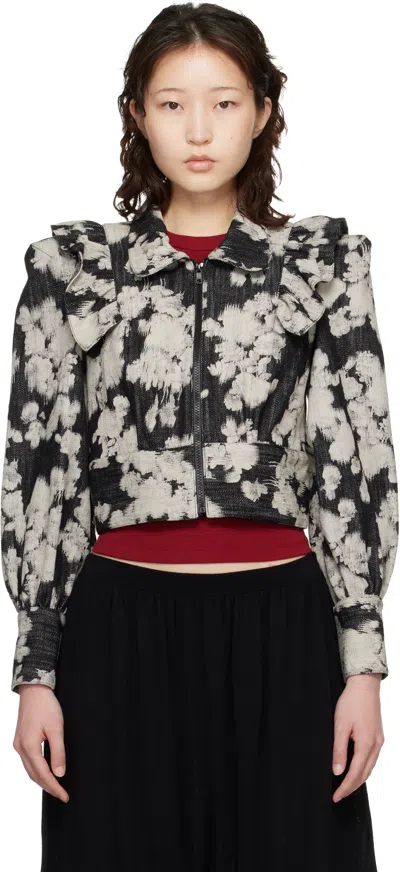 Anna Sui Black & Off-white Cropped Ruffle Jacket