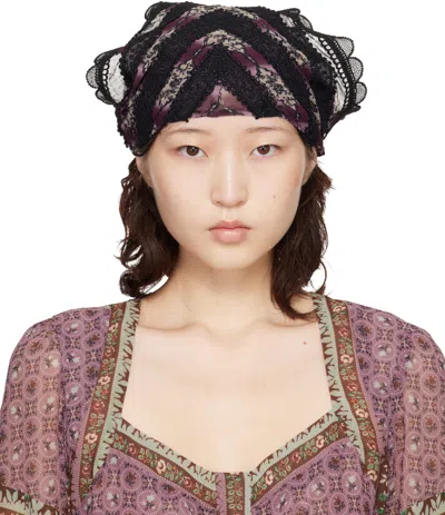 Anna Sui Black & Purple Cameo Stripe Print Headscarf