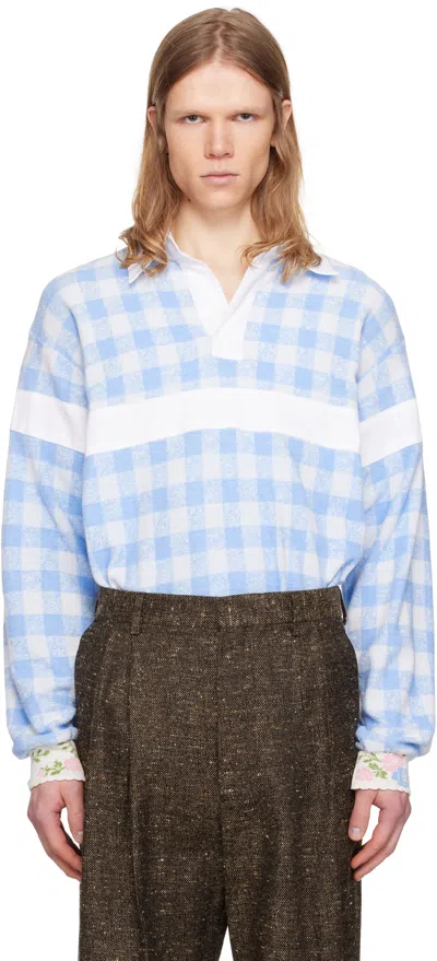 Anna Sui Blue & White Gingham Terry Long Sleeve Polo In Baby Blue