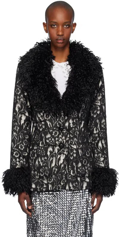 Anna Sui Black Curly Faux-fur Trimmed Jacket In Black Multi