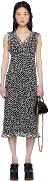 Anna Sui Black Daisy Pucker Midi Dress In Black/white Multi