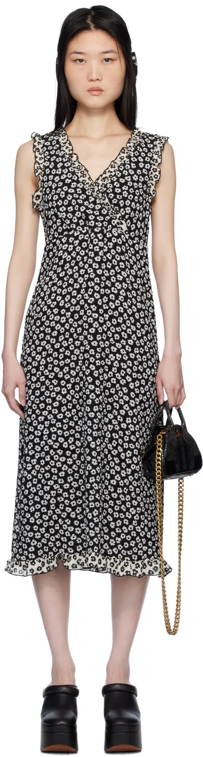 Anna Sui Black Daisy Pucker Midi Dress In Black/white Multi