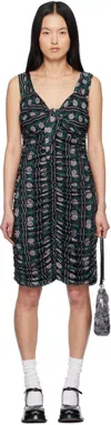 Anna Sui Black Rosetti Mesh Ruched Tie Midi Dress In Black/lilac Multi