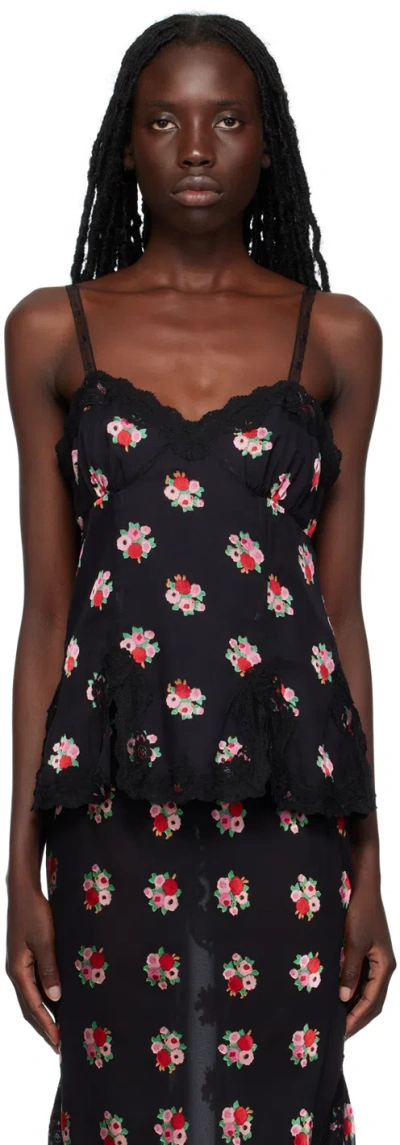 Anna Sui Black Rosie Posie Camisole In Black Multi