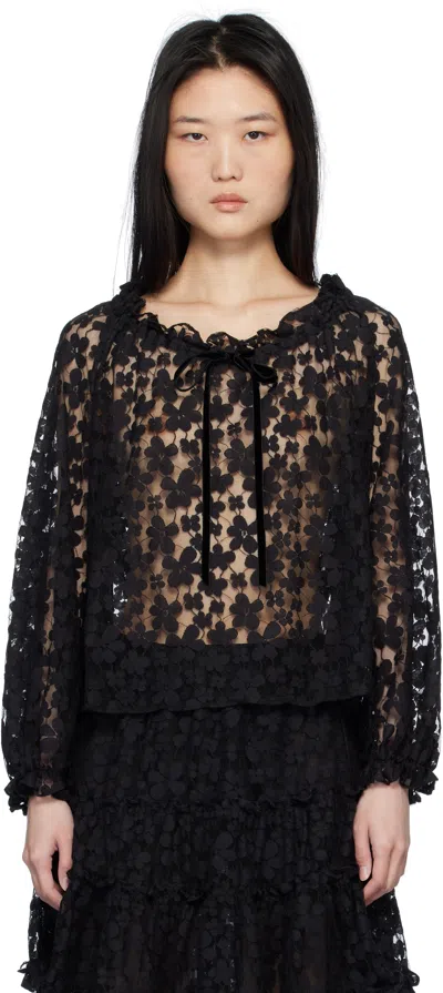 Anna Sui Black Shadow Blossom Elastic Lace Blouse