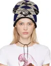 Anna Sui Blue & Beige Argyle Patch Beanie In Denim Multi