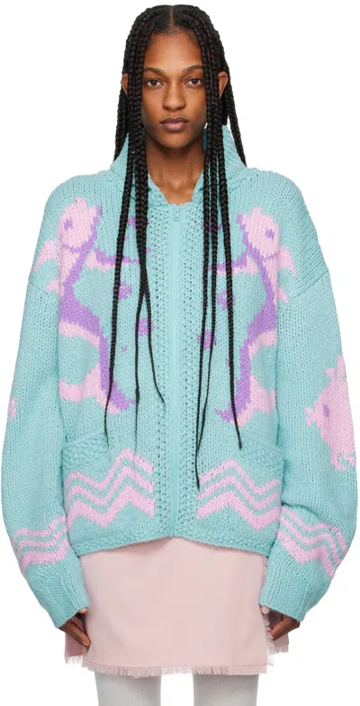 Anna Sui Blue & Pink Seashore Cardigan In Aqua Multi