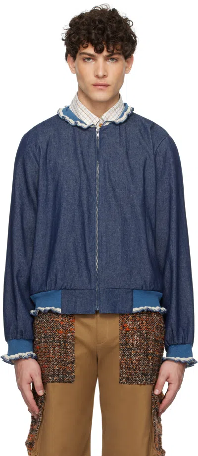 Anna Sui Blue Baseball Denim Bomber Jacket