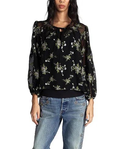 Anna Sui Bluebell Embroidered Chiffon Blouse In Black