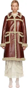 Anna Sui Brown Curly Lamb Trim Faux-leather Coat In Red